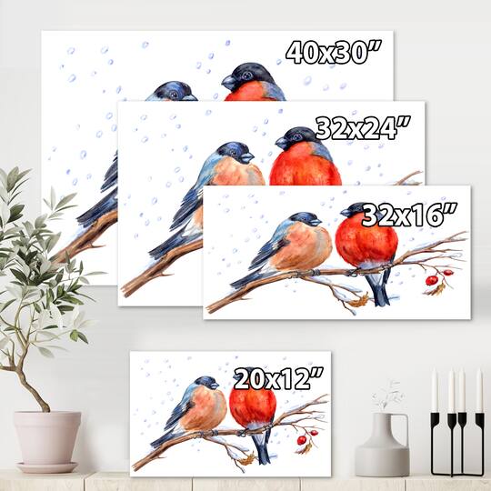 Designart - Two Bullfinches On A Hawthorn Branch with Snowfall